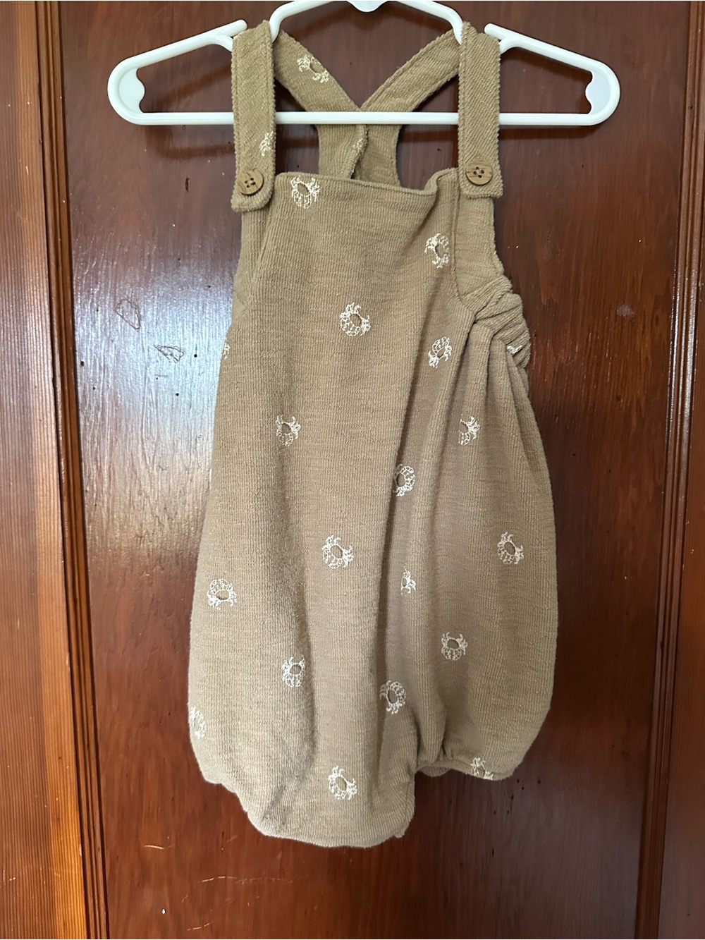 Knit Bubble Overall Romper in Brown with Embroidered Accents